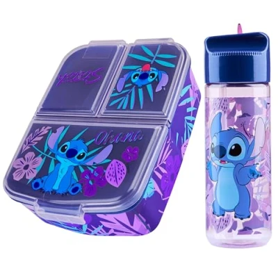 Image of Disney Stitch Kids Lunchbox with Compartments and Water Bottle for School (Blue/Purple)