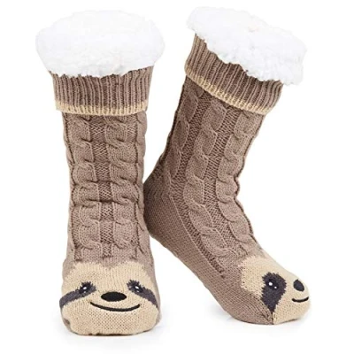 Image of CityComfort Fluffy Socks for Women Teenagers Sherpa Lined Animal Slipper with Non Slip Grip Pads One Size Gifts (Brown Sloth)