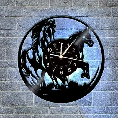 Image of Smotly Vinyl wall clock, 12 inch steed pattern art clock with remote control night light, a creative gift for horse enthusiasts. (Color)