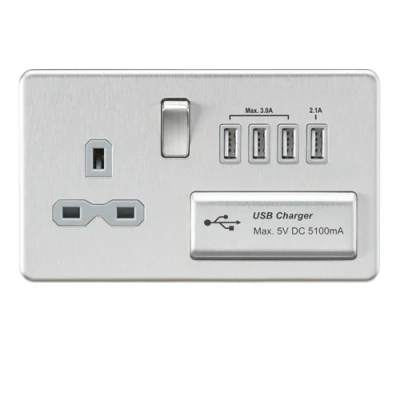 Image of KnightsBridge Screwless 13A switched socket with quad USB charger (5.1A) brushed chrome grey insert