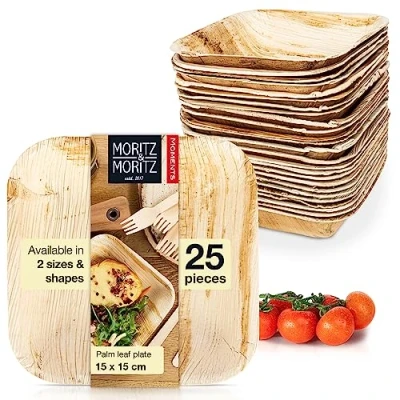 Image of Moritz &amp; 25x Disposable Palm Leaf Bowls Square 15x15cm Biodegradable Compostable Eco Friendly Like Bamboo Bowls, Wooden Paper