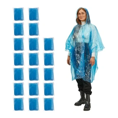 Image of Relaxdays Set of 20 Rain Ponchos, 100% plastic, Blue, 123 x 125 0.01 cm