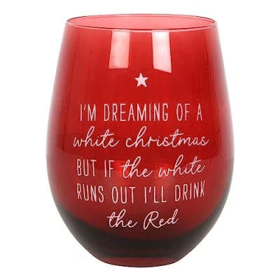 Image of Dreaming of a White Christmas Stemless Wine Glass Set 2 Festive Glasses for Christmas, Gift with Flat Bottom Elegant Red &amp;