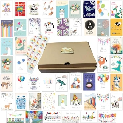 Image of 50 Popular Birthday Cards with Stickers and Envelopes made from Recycled Paper Multipack Set (50 Mix)