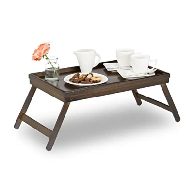 Image of Relaxdays 10023235 Bamboo Tray, Folding Legs, Raised Edge, for Breakfast in Bed and Serving Table, HWD: 22x64x31cm, Dark Brown