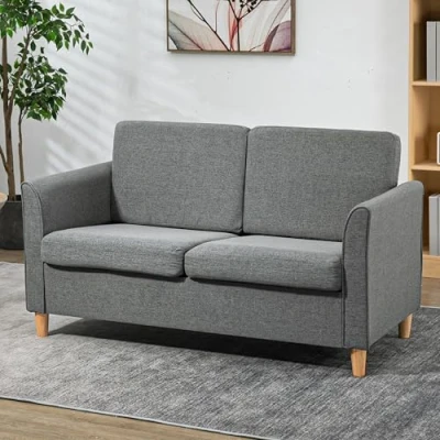 Image of HOMCOM 2 Seater Sofa, Compact Loveseat, Fabric Couch with Wood Legs and Armrest, for Living Room Home Office Grey
