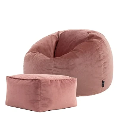 Image of icon Aurora Velvet Bean Bag Chair and Footstool, Dusk Pink, Large Lounge Bags for Adult with Filling Included, Adults Beanbag, Boho Room Decor Living Furniture Chairs
