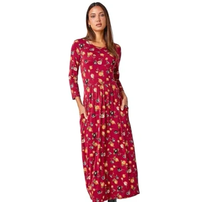Image of Roman Originals Midi Dress with Pockets for Women UK Ladies Stretchy Jersey Maxi Long 3/4 Length Sleeve Gathered High Waist Boho Flattering Skater Swing Fit Flare Rust Size 16