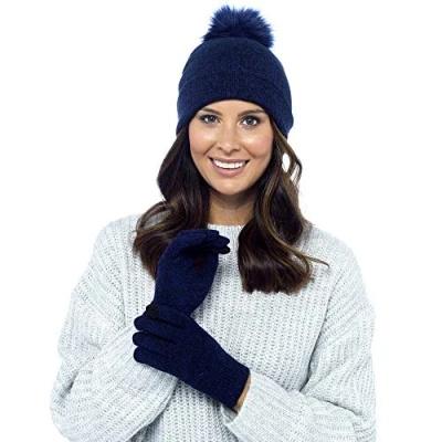 Image of Foxbury Ladies Bobble Hat &amp; Touch Screen Gloves Set Blue Marl