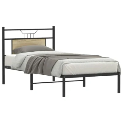 Image of vidaXL Sonoma Oak Bed Frame 90x200 cm Engineered Wood &amp; Steel Bedroom Furniture Headboard Footboard, Ample Storage