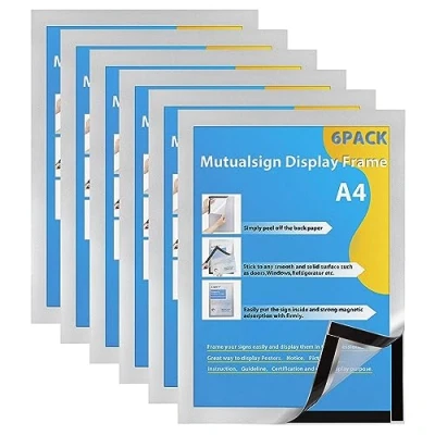 Image of Mutualsign A4 Magnetic Display Frame Self Adhesive Window Sign Holder for Posters, Ads, Notices, License (6PCS, Silver)