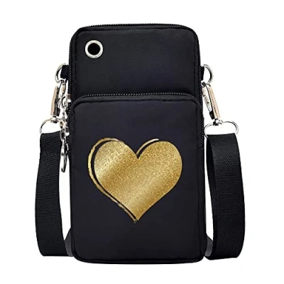 Image of FINDING CASE Love Women Girls men Zipper Waterproof Nylon 3 Layers Crossbody Bags Wallet Cellphone Purse Shoulder Bag Wristlet Handbags Adjustable Strap (Heart Gold)