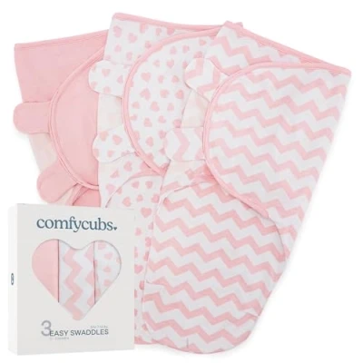 Image of Comfy Cubs Baby Blanket, Swaddle Blanket 0 3 months, Newborn Essentials, Infant Sleep Sack Wrap, 100% Breathable Cotton, Boy Girl, Adjustable Pack (Pink, Small Medium)