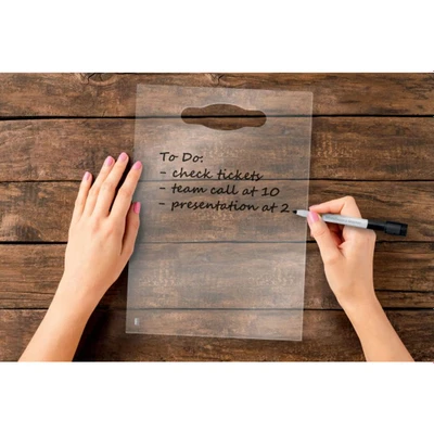 Image of Nobo Transparent Acrylic Mini Portable Whiteboard Desktop Notepad, A4, Integrated Carry Handle, Dry Erase, Frameless, 210 x 297 mm, Includes Marker Pen, Clear, 1915613