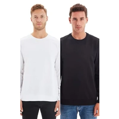 Image of Trendyol Man Basics Regular fit Basic Crew neck Knit Sweatshirt Black White