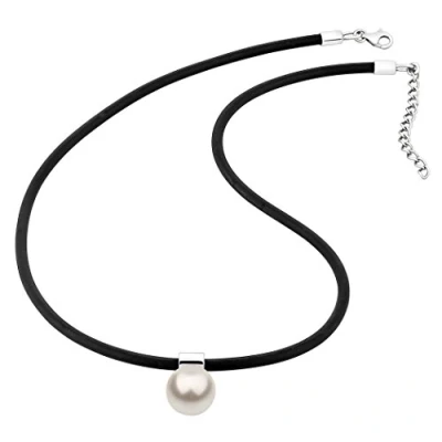 Image of Nenalina KAS 344 Women&#039;s Black Rubber Necklace with Pearl Pendant (12 mm White Pearl) 925 Sterling Silver Clasp Length 42 cm
