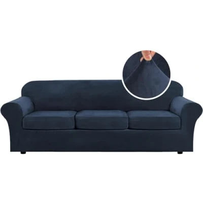 Image of LINGKY Velvet Sofa Cover 3 Seater With Separate Seat Cushion Covers, Stretch Couch Non Slip Slipcovers for Living Room Furniture Protector (Navy,Large Seater)