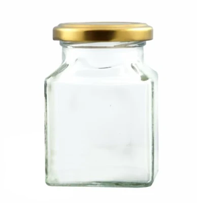 Image of 100 X Square Glass Jam Jars (200ml) With Gold Lids. for Chutney, Jam, Marmalade, Relishes.