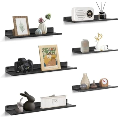Image of Uten Floating Shelves, Rustic Iron Wall Shelves Set of 6, Decorative Photo Book Display for Bedroom, Living Room, Kitchen, Bathroom and Office, Black with Silver Specks
