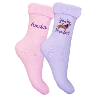 Image of Ladies Personalised Dachshund Sausage Dog Pawfect Thermal Bed Socks (UK, Numeric, 4, 7, Regular, Lilac)