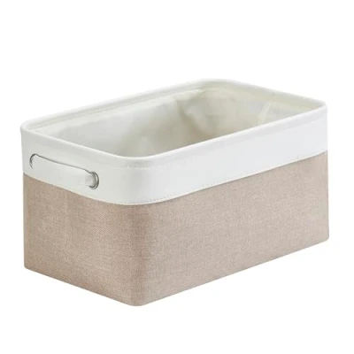 Image of Mangata Canvas Storage Box Fabric Basket with Handles for Cupboards, Shelves, Clothes, Toys (Medium, Foldable, Light Khaki White)