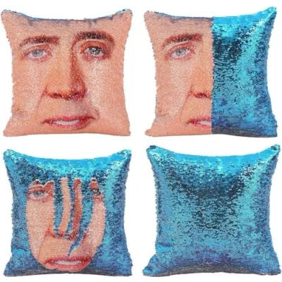 Image of BONFUN Nicholas Cage Mermaid Sequin Pillow Cover,Cover Magic Reversible Funny Case Decorative Cushion Cover (Color : Blue)