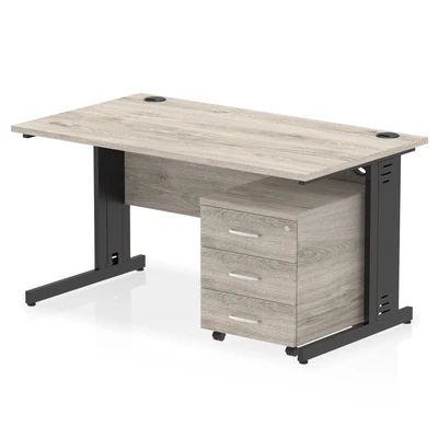 Image of Impulse 1400x800 Desk Grey Oak/Black Cable Managed 3 Drawer Mobile Ped