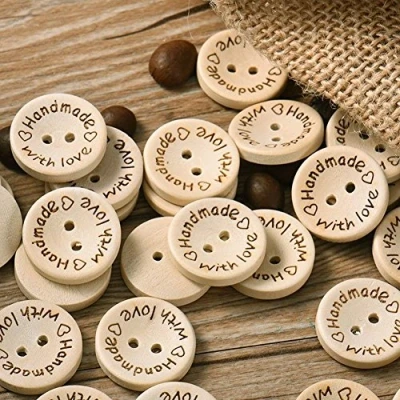 Image of Namvo 200pcs 2 Holes Handmade With Love Natural Wood Sewing Button 15mm
