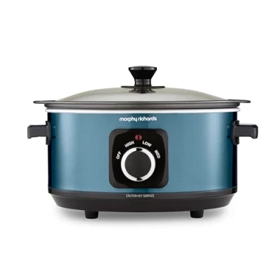 Image of Morphy Richards Accents 3.5L Sear &amp; Stew Slow Cooker, Shatter Resistant Non Stick Aluminium Pot, Single Pot Cooking, Compact, 3 Heat Settings, Hob Proof, Glass Lid, Easy Clean, 163W, Blue, 460023