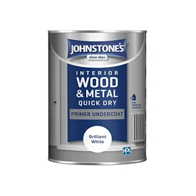 Image of Johnstone&#039;s Quick Dry Gloss Primer Undercoat Brilliant White Water Based Interior Wood &amp; Metal Fast Drying Low Odour in 1 2 Hours 13m2 Coverage per Litre 1.25 L
