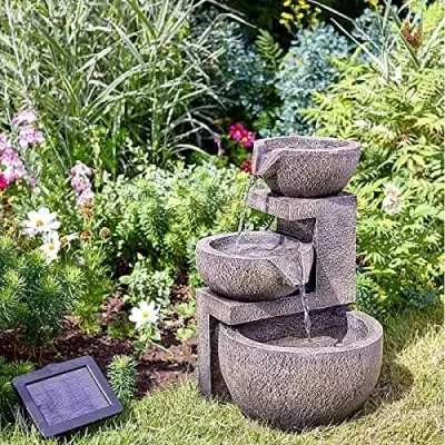 Image of Garden Mile Modern Rock Fall Water Fountain Solar Powered Resin and Stone Feature Ornaments Outdoor Decorative Centrepiece for Decking, Pond, Patio Lawn Decor (Genoa Cascade)
