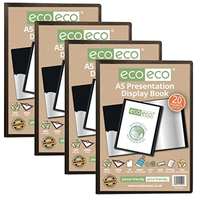Image of eco A5 Size 50% Recycled 20 Pocket Black Presentation Display Book, Storage Case Portfolio Art Folder with Plastic Sleeves, eco001x4, (Pack of 4 Books)