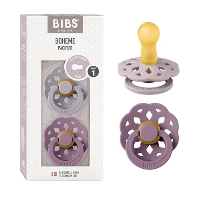 Image of BIBS Boheme Soother 2 Pack. BPA Free Dummy Pacifier, Round Nipple. Natural Rubber Latex, Made in Denmark. 0 6 Months (Pack of 2), Fossil Grey/Mauve