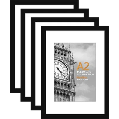 Image of HoziRes A2 Black Picture Frame, Wooden Photo Frames Frame with A3 Mount, Set of 4 for Tabletop and Wall Mounting, 42 x 59 cm Poster Printing