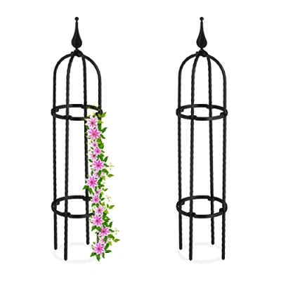 Image of Relaxdays Garden Obelisk, Set of 2, 70 cm Tall, Support for Climbing Plants, Metal, Free Standing, Rose Cage, Black, 90% Plastic, 10% Steel