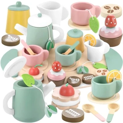 Image of GAGAKU Wooden Tea Set for Toddlers Coffee Afternoon Play Kitchen Toy Accessories Pretend Food Kids Sets Toys Gifts Children Girls