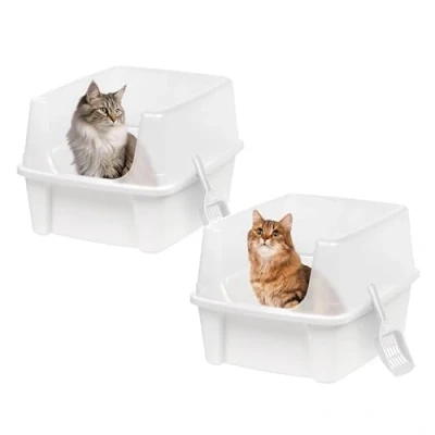 Image of Iris Ohyama Cat Litter Tray with Scoop, Set of 2, White, Easy to Clean, Box, Detachable Spill Preventing Walls, For Kittens, Adult Cats, Rabbits, BPA Free, Open Top, Modern, CLH 12
