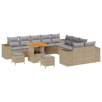 Image of vidaXL 13 Piece Garden Sofa Set with Cushions Beige Poly Rattan Acacia
