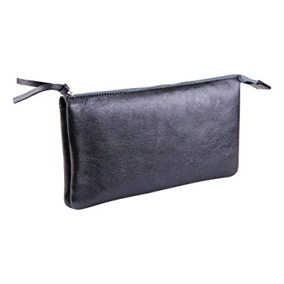 Image of Clairefontaine Ref 400019C Cuirisé&#039; Leather Large Pencil Case With 2 Compartments 22 x 11cm, Made From Genuine Lambskin Leather, Metal Zip Puller Oil