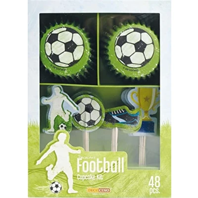 Image of DECOCINO Muffin Set Football 48 Pieces 24 Cupcake Cases with Diameter 5 cm &amp; Toppers Made of Paper, Ideal Decoration for Children&#039;s Birthdays Themed Parties
