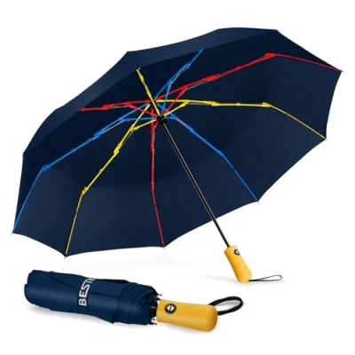 Image of Windproof Travel Folding Umbrella Automatic, BESTKEE Large Rain Compact Portable Fast Drying with Auto Open/Close Button, Non slip Handle (Blue)