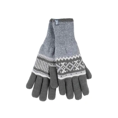 Image of HEAT HOLDERS Mens Striped Nordic Fairisle Zig Zag Knitted Fleece Lined Thermal Winter Warm Gloves (S/M, Grey (Karlstad))