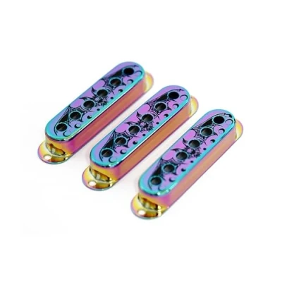 Image of Guyker 3Pcs Single Coil Guitar Pickup Covers (52mm Pole Spacing), Copper Mounting Ring Set Accessories Replacement Part Bat Pattern Surface, (PS002, Chameleon Rainbow)
