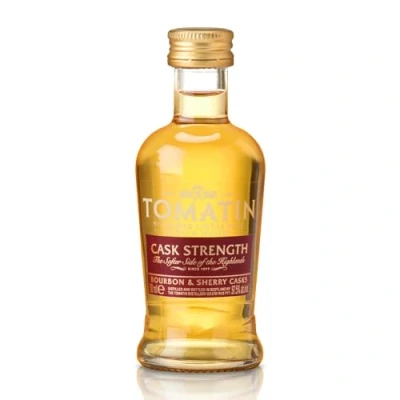 Image of Tomatin Single Malt Whisky Cask Strength Miniature. Highland Scotch Matured in Bourbon &amp; Sherry Casks 43% Alcohol/Vol 5cl Whiskey. Mini Alcohol Bottles Scottish Mens Gifts