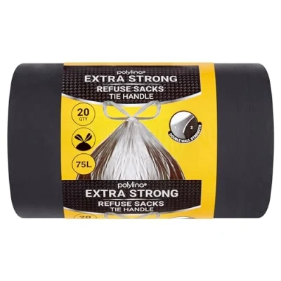 Image of Polylina Bin Bags Extra Strong, 75 Litre, 20 Premium Heavy Duty Tie Handle Black Liners Refuse Sacks, Everyday Use, Household, Office &amp; Kitchen Waste