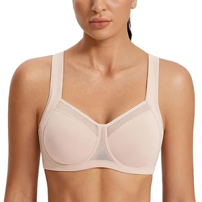 Image of SYROKAN Women&#039;s High Impact Powerback Support Underwire Sports Bra Unlined Workout Running Beige 40D