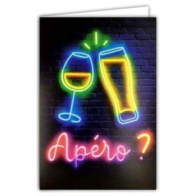 Image of 69 8121 Neon Aperitif Text Card with Envelope 12 x 17.5 cm Beer and Wine Good Health Congratulations White Interior for Writing Real Fluorescent Inks Created Made in France