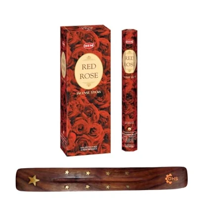 Image of HEM Incense sticks RED ROSE Pack of 6 with DHS stick holder for Aromatherapy, Spa, Yoga, Meditation, Healing, Spirituality and Relaxation…