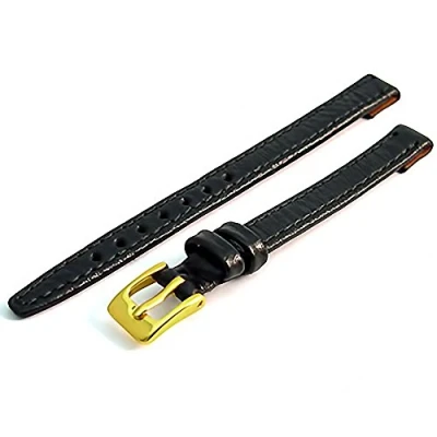 Image of Ladies Open Ended Watch Band Strap for Vintage Watches. Genuine Leather 8mm Black with Gilt (Gold Colour) Buckle