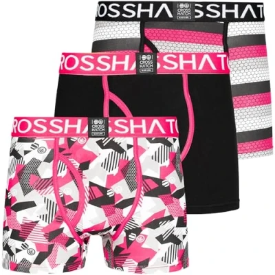 Image of Crosshatch 3 Pack Mens Designer Boxer Shorts Boxers Underwear Trunks Gift Set, Crystaline Fuchsia, S
